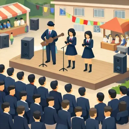 学園祭の中庭ステージで行われる音響イベントのイメージ