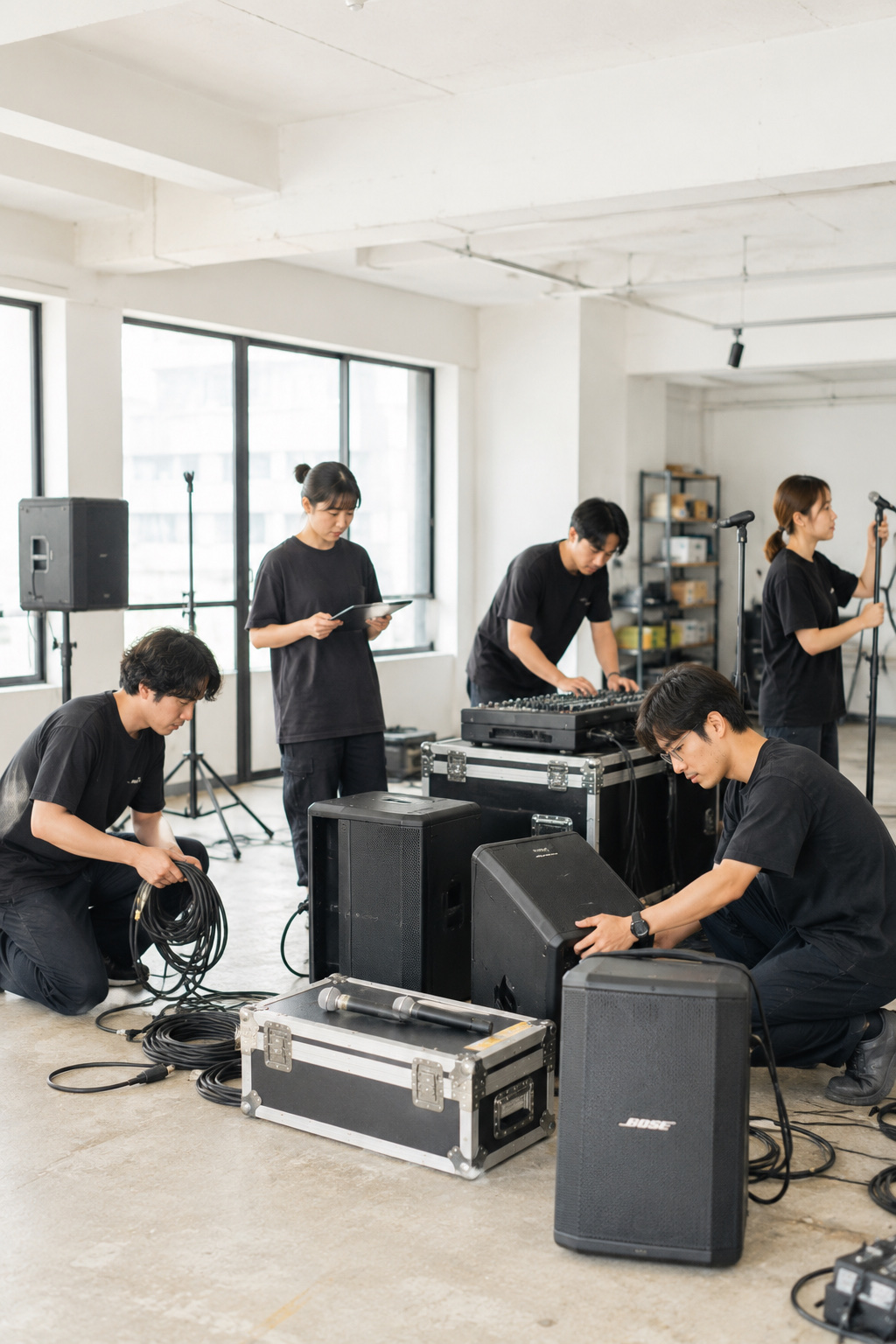 音響機材を設営するスタッフ